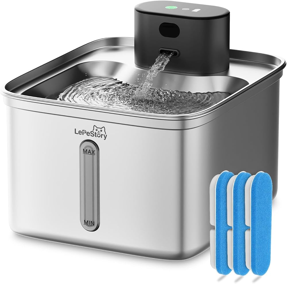 LEPESTORY cordless stainless steel cat water fountain with motion sensor