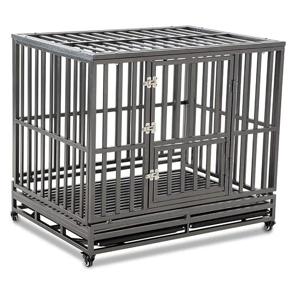 LUCKUP 42-inch heavy duty steel dog crate with four locking wheels